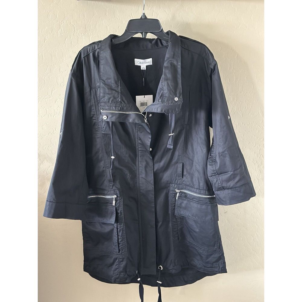Calvin Klein Women's Black Lightweight Zip Up Trench Coat Size Large New No Belt